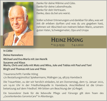Anzeige von Heinz Hönig 