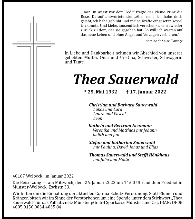  Traueranzeige für Thea Sauerwald vom 22.01.2022 aus 