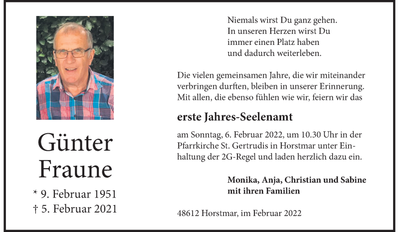  Traueranzeige für Günter Fraune vom 29.01.2022 aus 