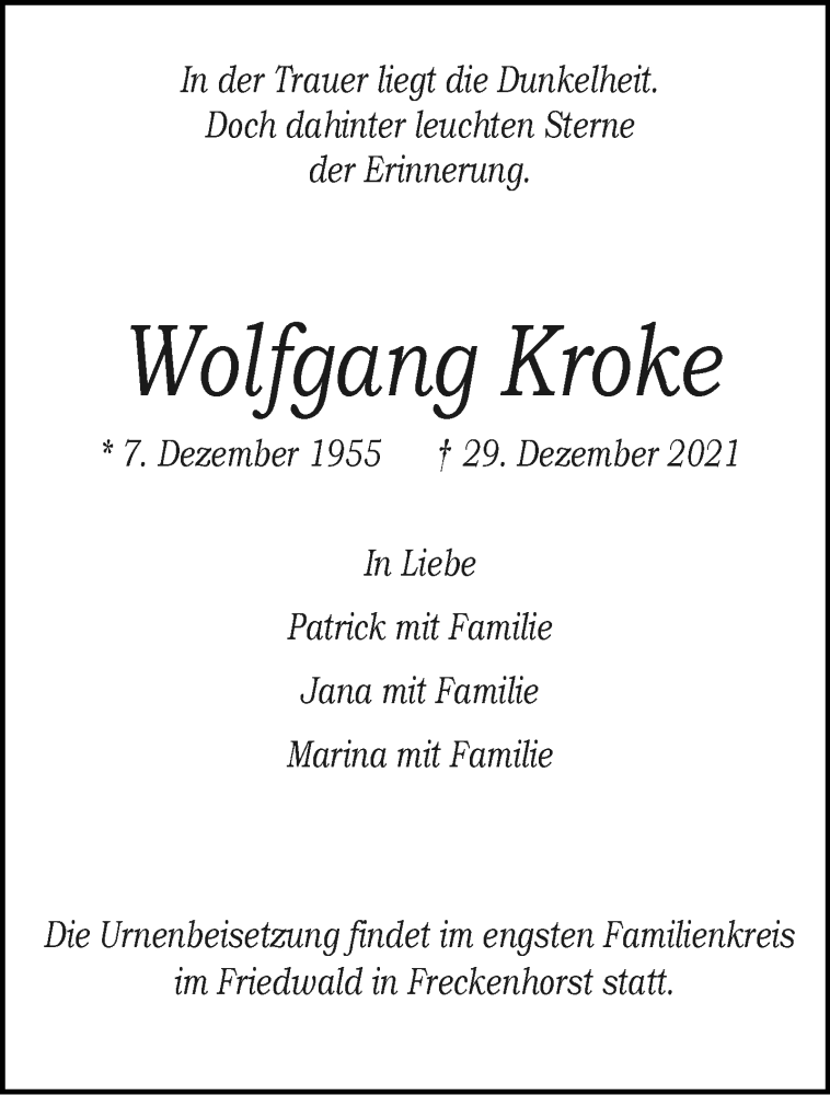  Traueranzeige für Wolfgang Kroke vom 08.01.2022 aus 