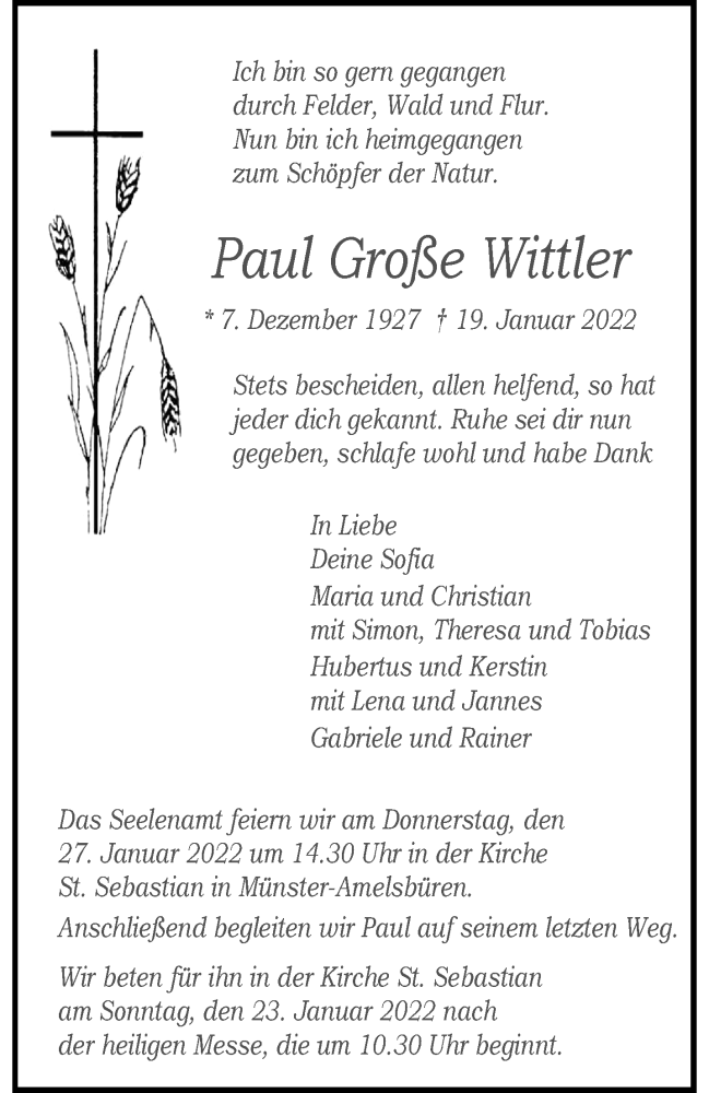  Traueranzeige für Paul Große Wittler vom 22.01.2022 aus 
