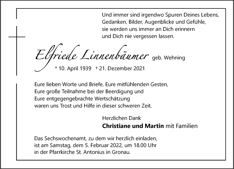  Traueranzeige für Elfriede Linnenbäumer vom 29.01.2022 aus 
