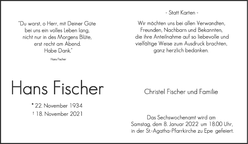  Traueranzeige für Hans Fischer vom 03.01.2022 aus 