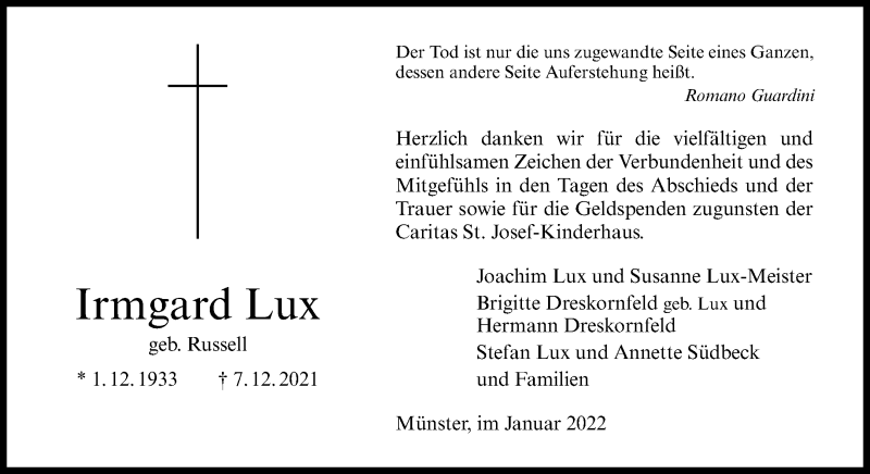  Traueranzeige für Irmgard Lux vom 15.01.2022 aus 