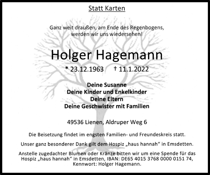  Traueranzeige für Holger Hagemann vom 22.01.2022 aus 