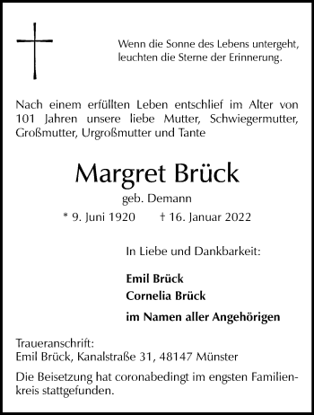 Anzeige von Margret Brück 