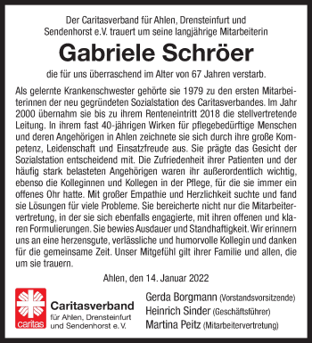Anzeige von Gabriele Schröer 