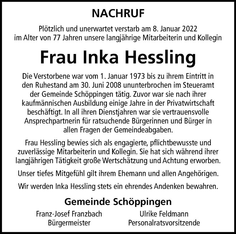  Traueranzeige für Inka Hessling vom 13.01.2022 aus 