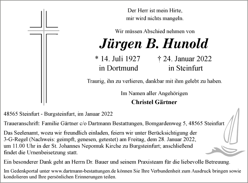  Traueranzeige für Jürgen B. Hunold vom 27.01.2022 aus 