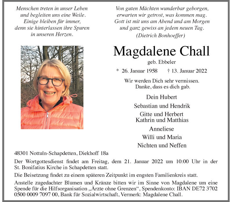  Traueranzeige für Magdalene Chall vom 18.01.2022 aus 