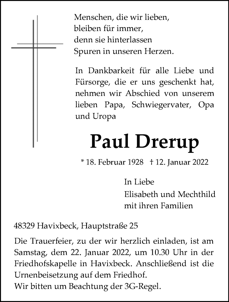  Traueranzeige für Paul Drerup vom 15.01.2022 aus 