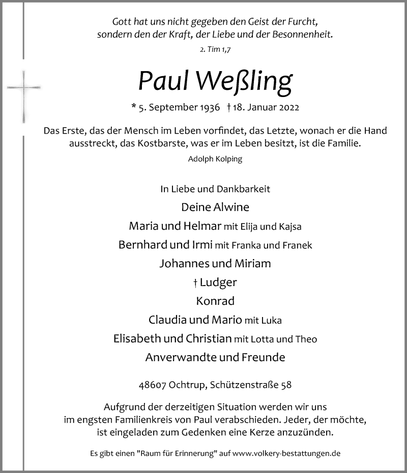  Traueranzeige für Paul Weßling vom 21.01.2022 aus 