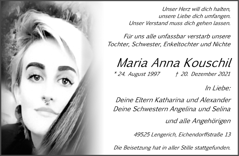  Traueranzeige für Maria Anna Kouschil vom 08.01.2022 aus 