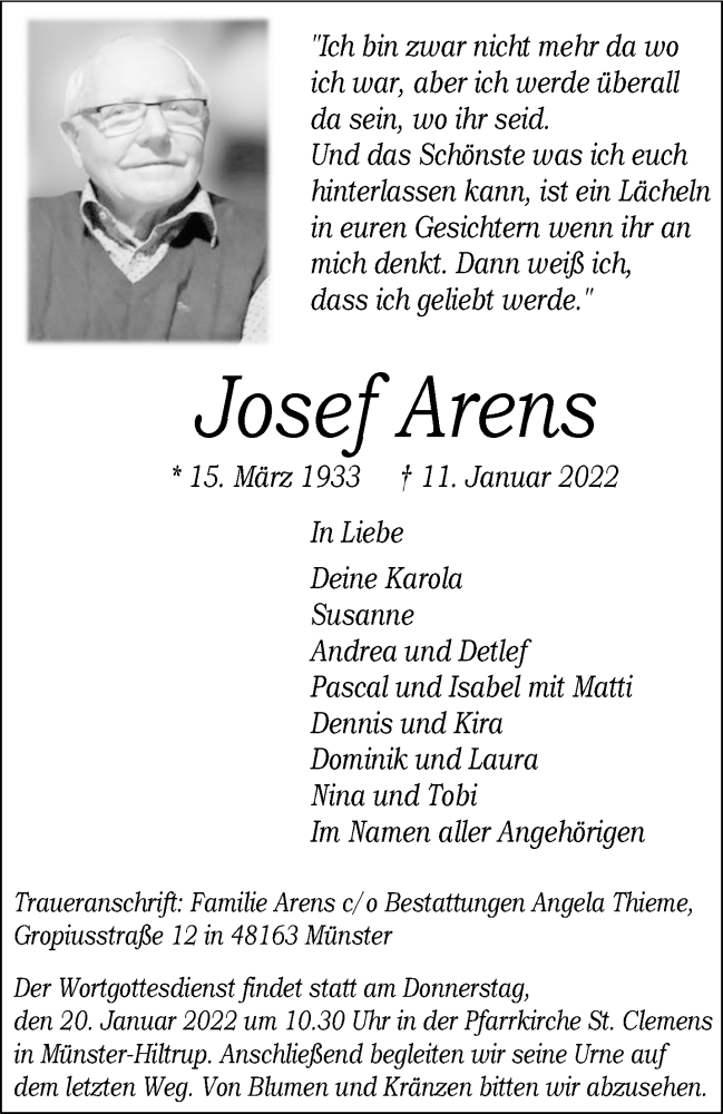  Traueranzeige für Josef Arens vom 19.01.2022 aus 