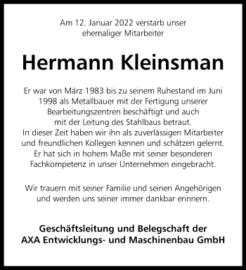 Anzeige von Hermann Kleinsman 