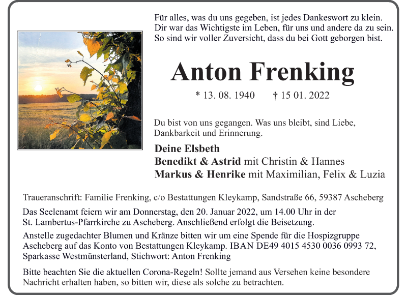  Traueranzeige für Anton Frenking vom 18.01.2022 aus 
