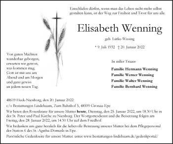 Anzeige von Elisabeth Wenning 
