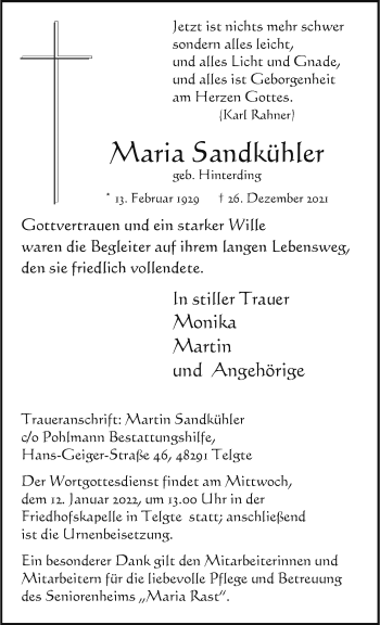 Anzeige von Maria Sandkühler 