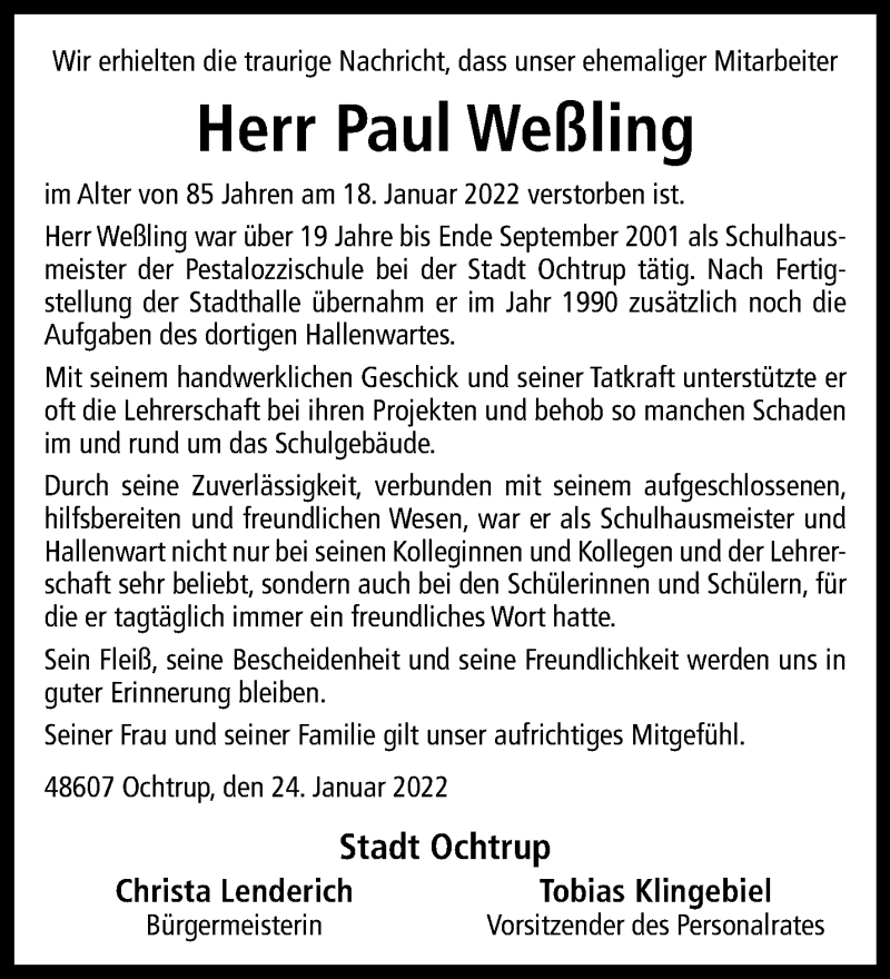  Traueranzeige für Paul Weßling vom 24.01.2022 aus 