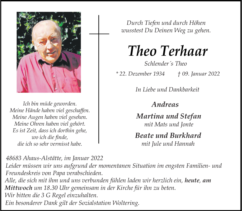  Traueranzeige für Theo Terhaar vom 12.01.2022 aus 