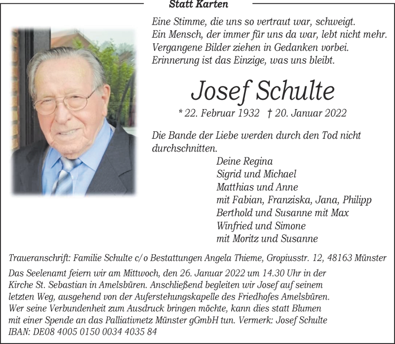  Traueranzeige für Josef Schulte vom 22.01.2022 aus 
