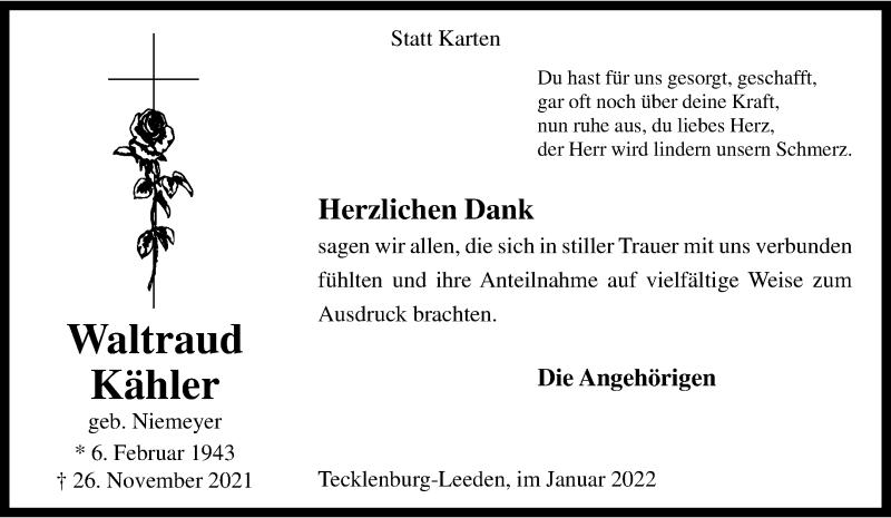 Traueranzeige für Waltraud Kähler vom 08.01.2022 aus 