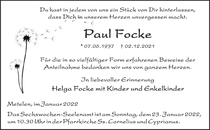  Traueranzeige für Paul Focke vom 20.01.2022 aus 