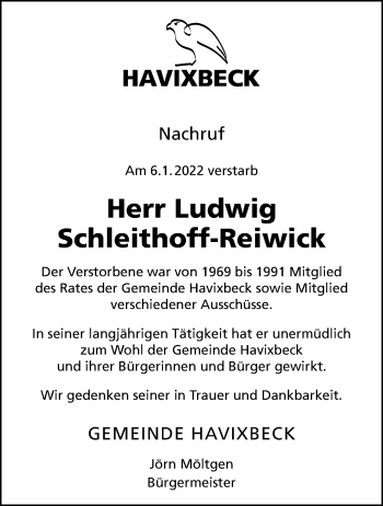 Anzeige von Ludwig Schleithoff-Reiwick 