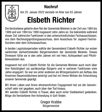 Anzeige von Elsbeth Richter 