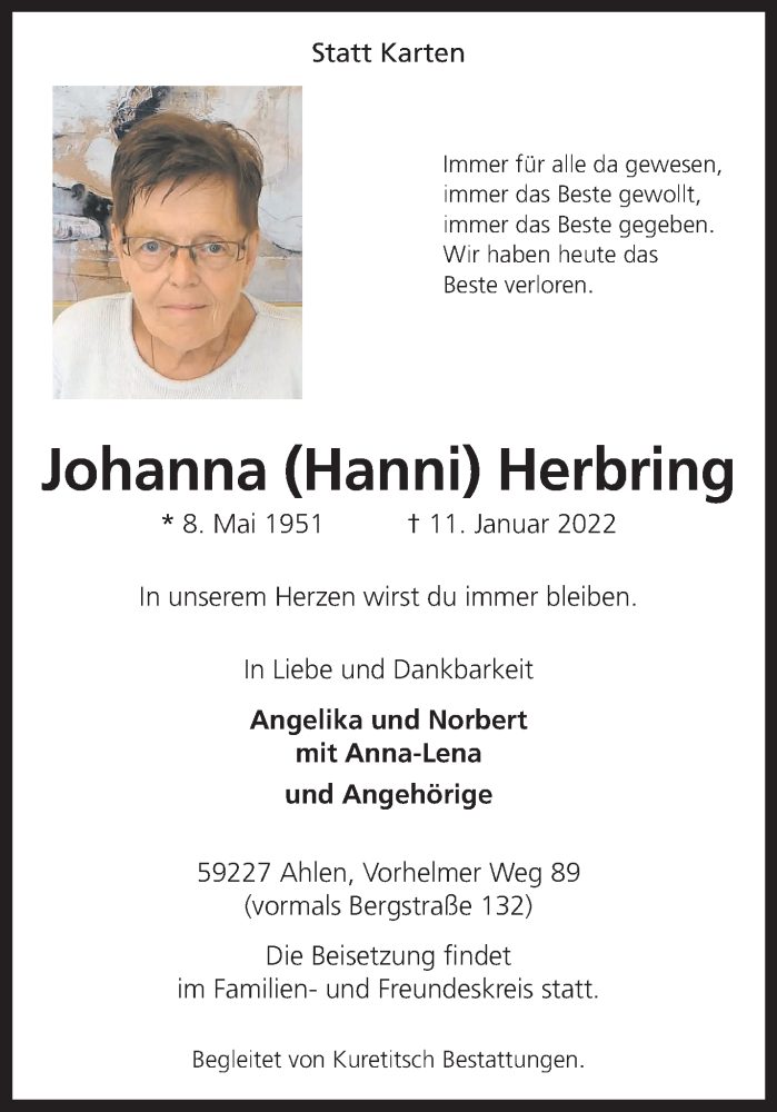  Traueranzeige für Johanna Herbring vom 15.01.2022 aus 