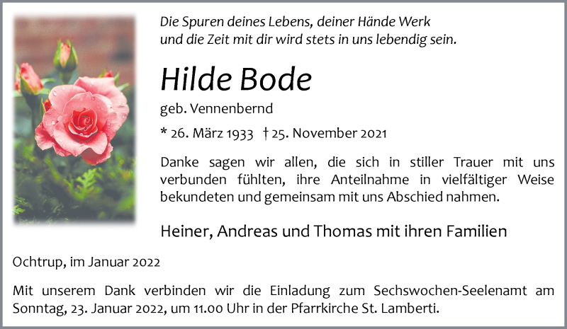  Traueranzeige für Hilde Bode vom 19.01.2022 aus 