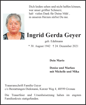 Anzeige von Ingrid Gerda Geyer 