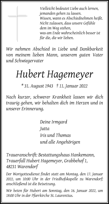 Anzeige von Hubert Hagemeyer 