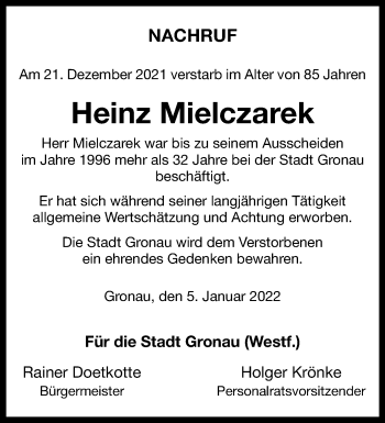 Anzeige von Heinz Mielczarek 