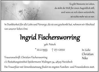 Anzeige von Ingrid Fischersworring 