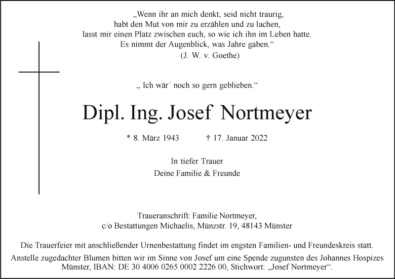  Traueranzeige für Josef Nortmeyer vom 22.01.2022 aus 
