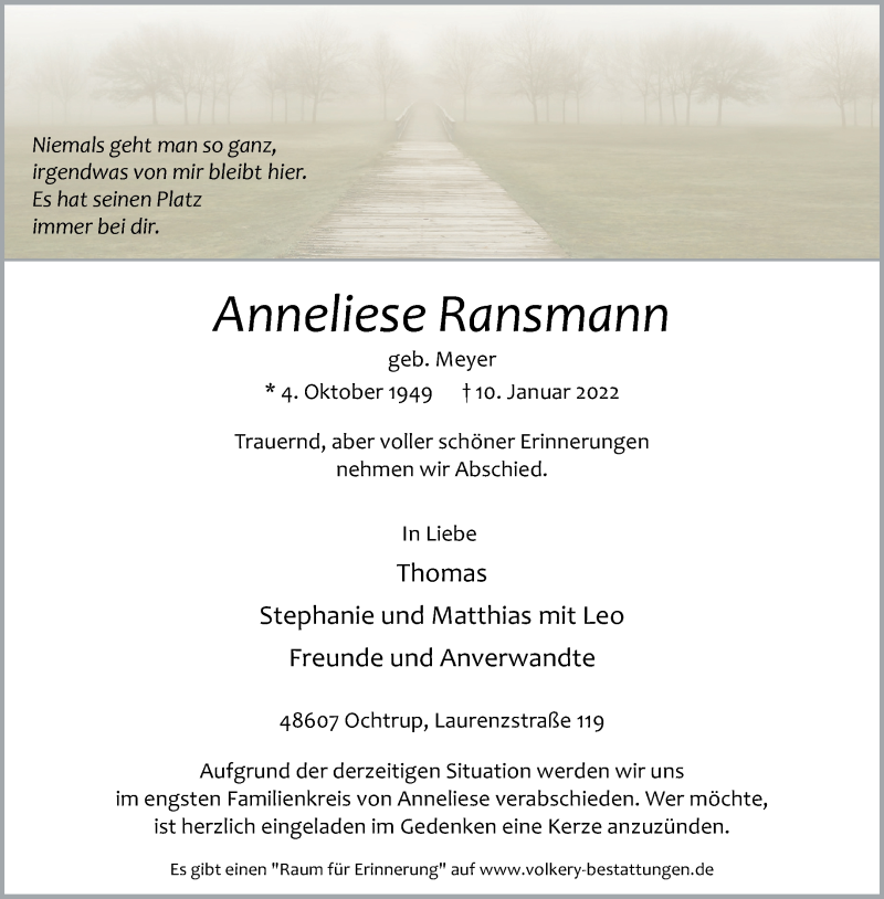 Traueranzeige für Ransmann Anneliese vom 14.01.2022 aus 