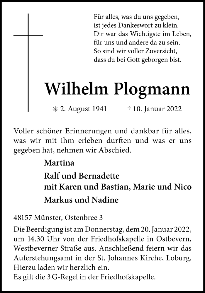  Traueranzeige für Wilhelm Plogmann vom 15.01.2022 aus 
