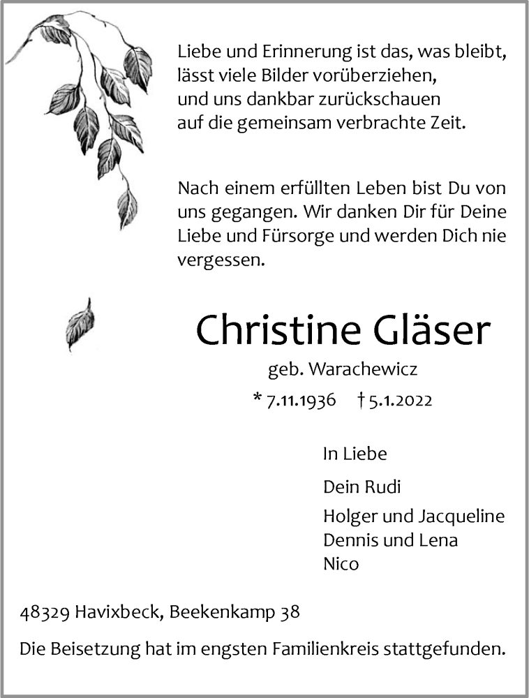  Traueranzeige für Christine Gläser vom 18.01.2022 aus 
