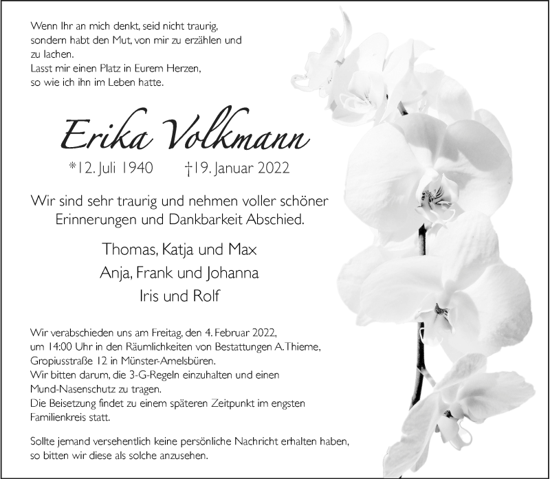  Traueranzeige für Erika Volkmann vom 29.01.2022 aus 