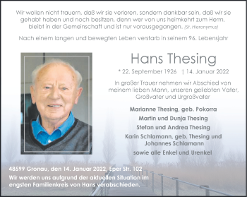 Anzeige von Hans Thesing 