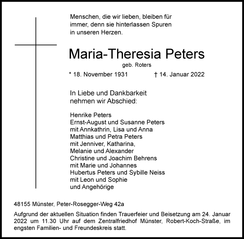  Traueranzeige für Maria-Theresia Peters vom 22.01.2022 aus 