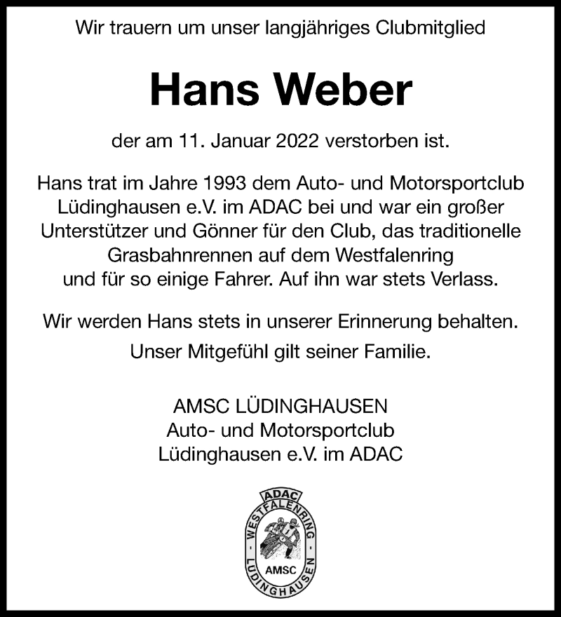  Traueranzeige für Hans Weber vom 20.01.2022 aus 