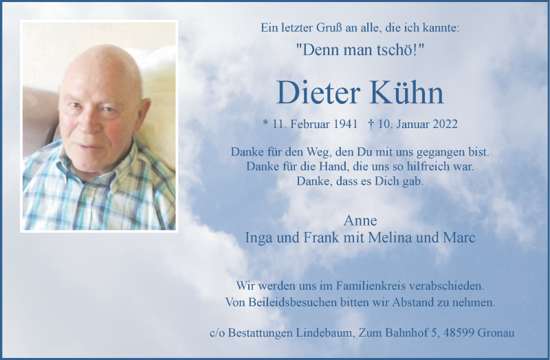  Traueranzeige für Dieter Kühn vom 15.01.2022 aus 