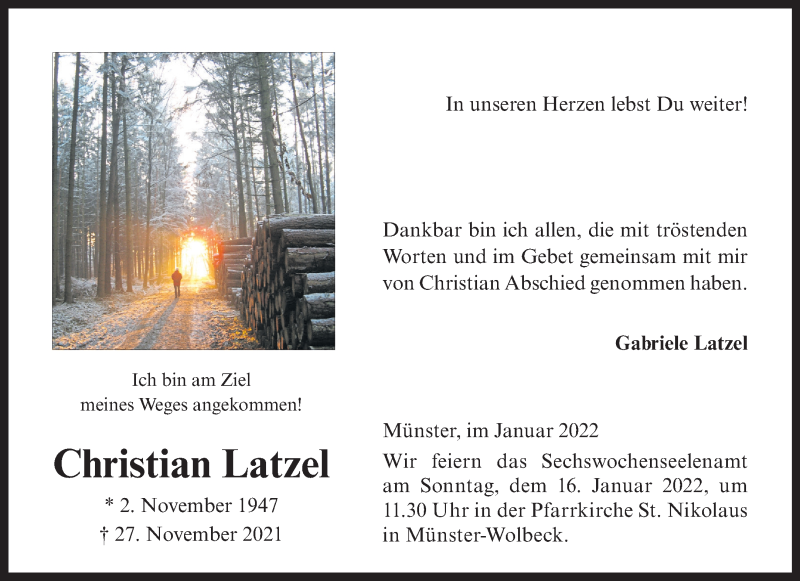  Traueranzeige für Christian Latzel vom 08.01.2022 aus 
