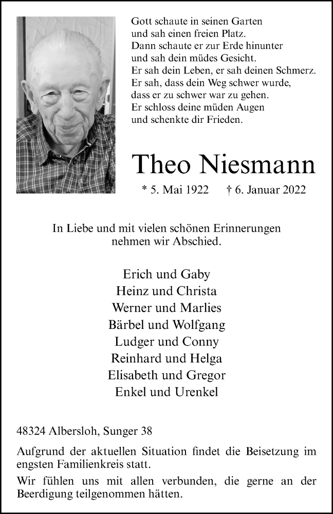  Traueranzeige für Theo Niesmann vom 12.01.2022 aus 