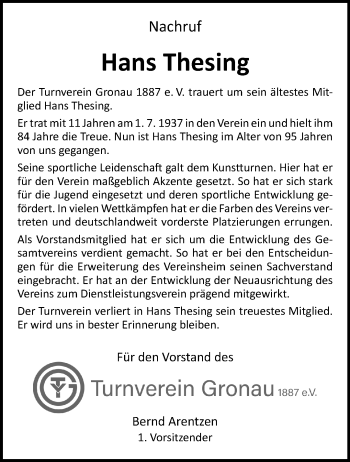 Anzeige von Hans Thesing 
