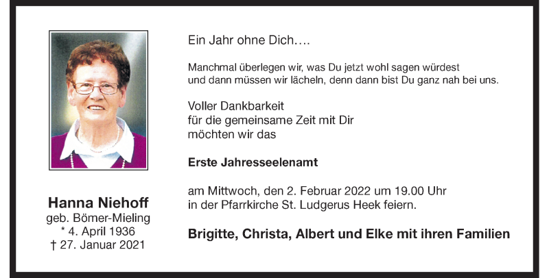  Traueranzeige für Hanna Niehoff vom 29.01.2022 aus 