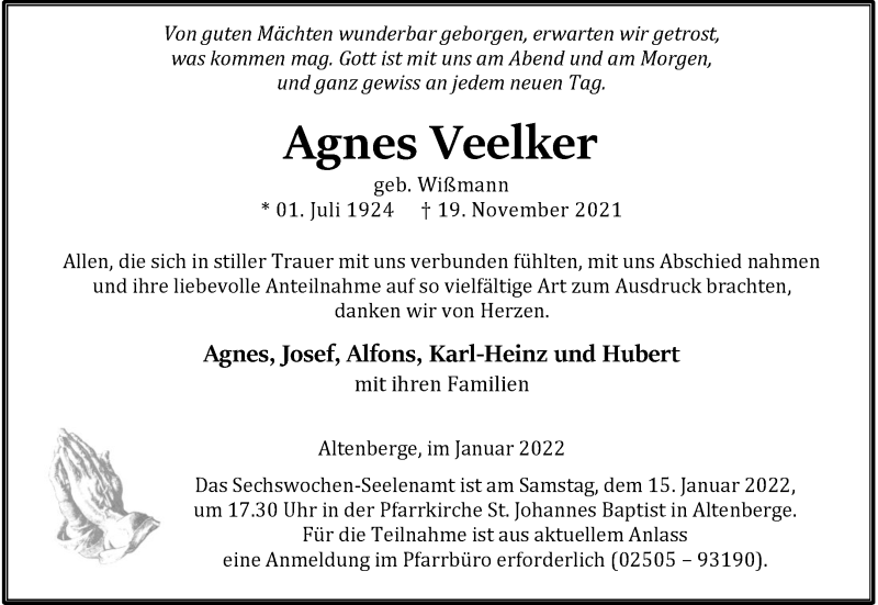  Traueranzeige für Agnes Veelker vom 08.01.2022 aus 
