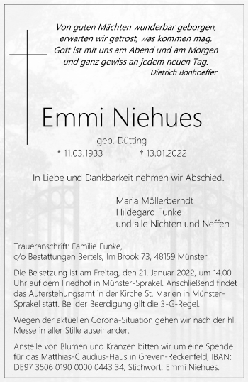 Anzeige von Emmi Niehues 